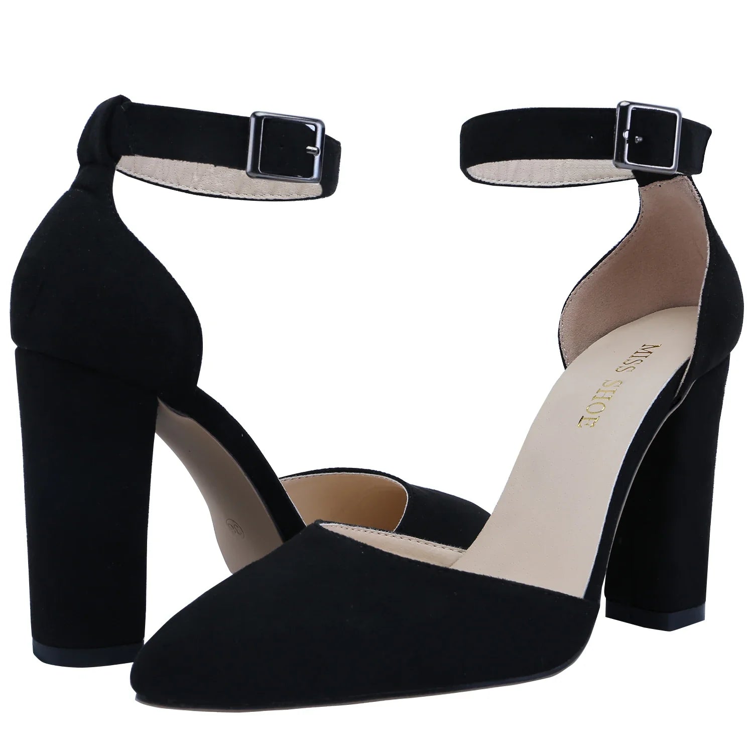 LOSLANDIFEN Pumps Sexy Ankle Strap 10CM Thick Heel Large Size Pointed Toes High Heels Black Party Dress Wedding Shoes