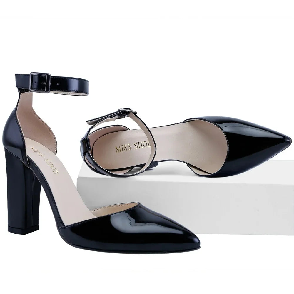 LOSLANDIFEN Pumps Sexy Ankle Strap 10CM Thick Heel Large Size Pointed Toes High Heels Black Party Dress Wedding Shoes