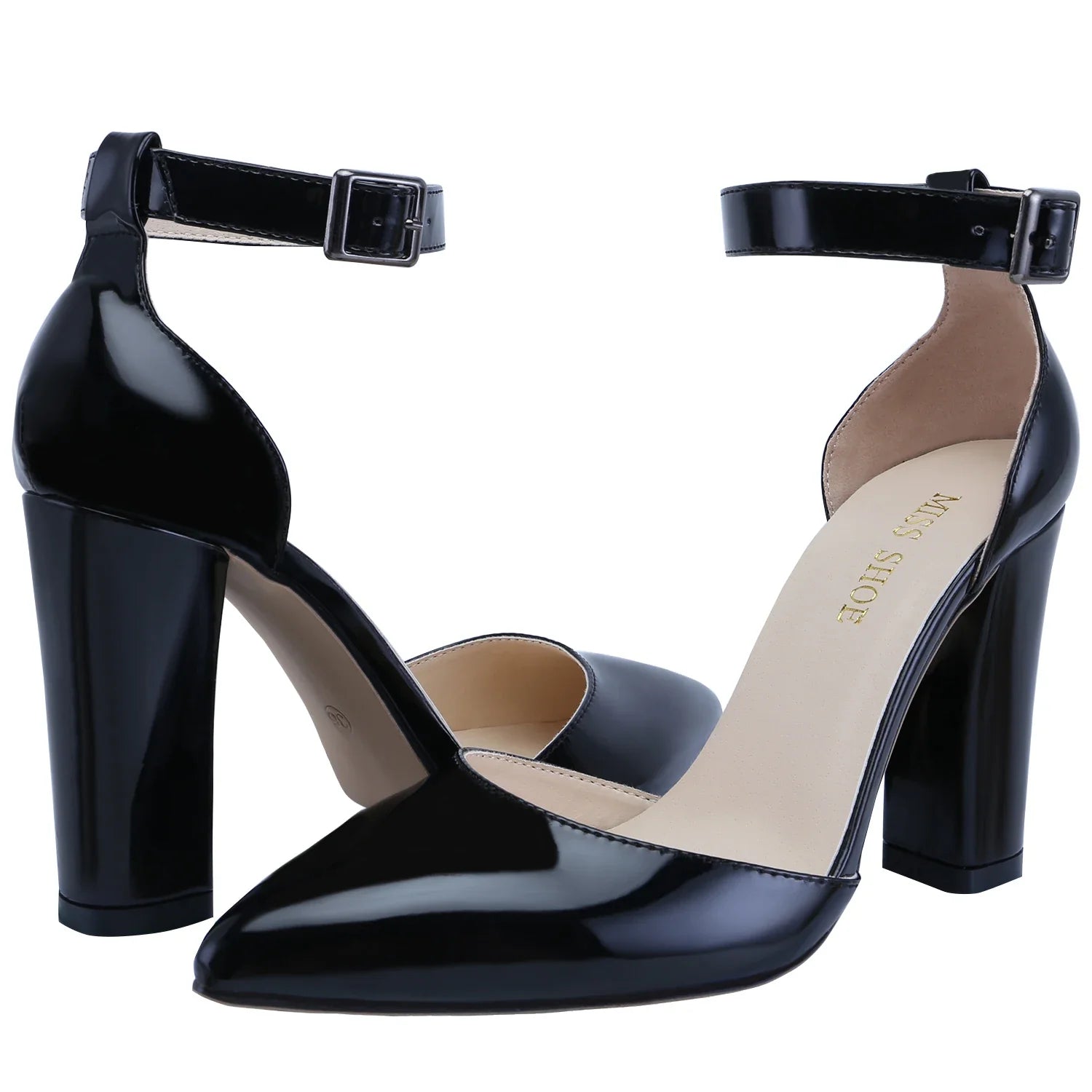LOSLANDIFEN Pumps Sexy Ankle Strap 10CM Thick Heel Large Size Pointed Toes High Heels Black Party Dress Wedding Shoes