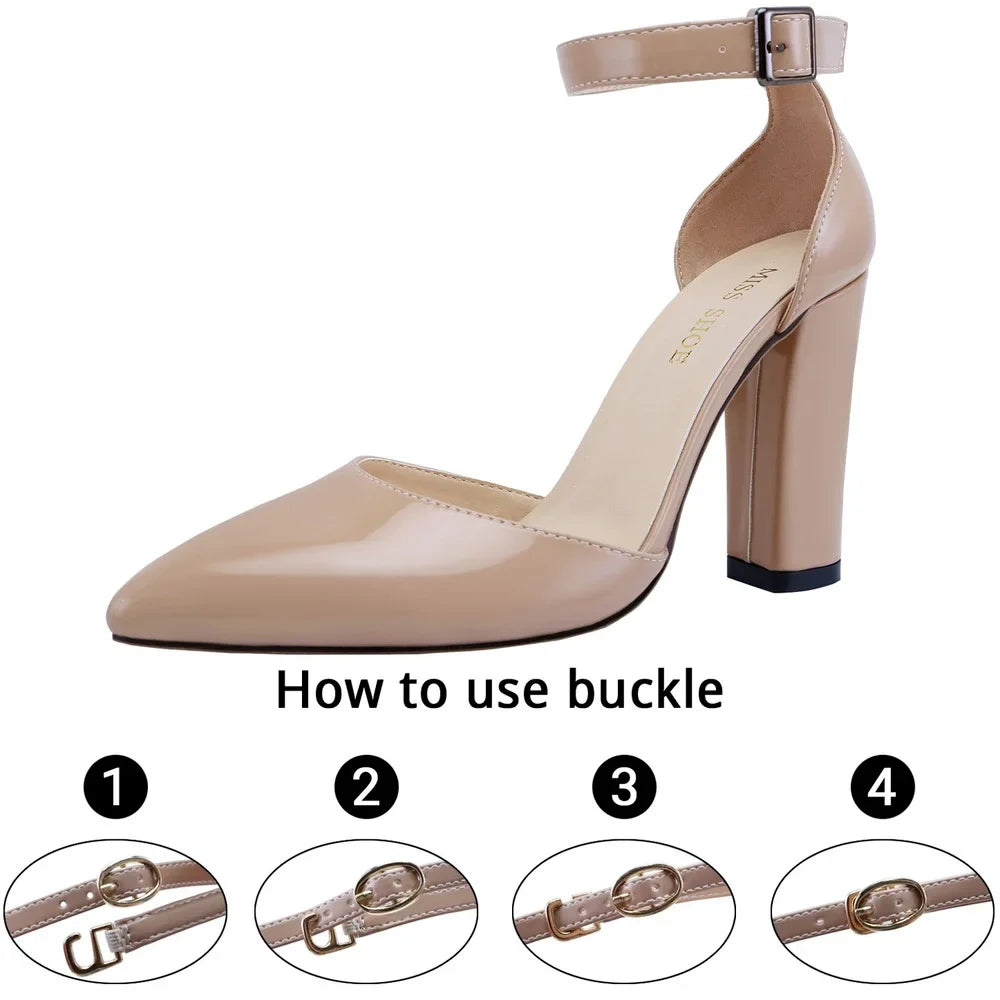 LOSLANDIFEN Pumps Sexy Ankle Strap 10CM Thick Heel Large Size Pointed Toes High Heels Black Party Dress Wedding Shoes