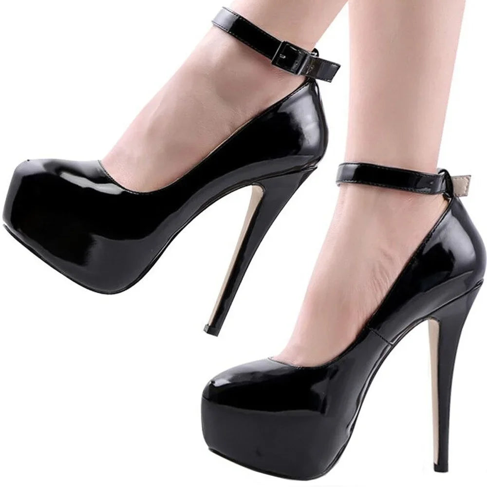 LOSLANDIFEN 14cm Round Toe Ankle Strap Thin Heel Slingback Platfrom Pumps High Heels Stilettos Party Wedding Dress Shoes