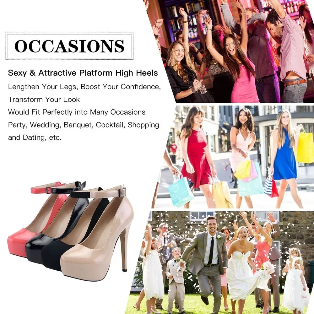 LOSLANDIFEN 14cm Round Toe Ankle Strap Thin Heel Slingback Platfrom Pumps High Heels Stilettos Party Wedding Dress Shoes