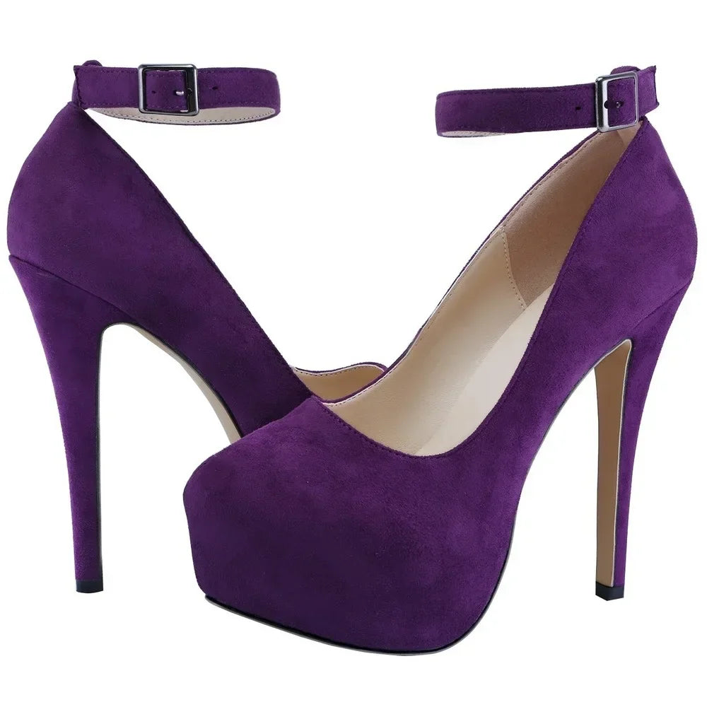 LOSLANDIFEN 14cm Round Toe Ankle Strap Thin Heel Slingback Platfrom Pumps High Heels Stilettos Party Wedding Dress Shoes