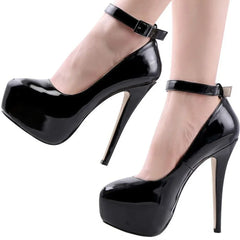 LOSLANDIFEN 14cm Round Toe Ankle Strap Thin Heel Slingback Platfrom Pumps High Heels Stilettos Party Wedding Dress Shoes
