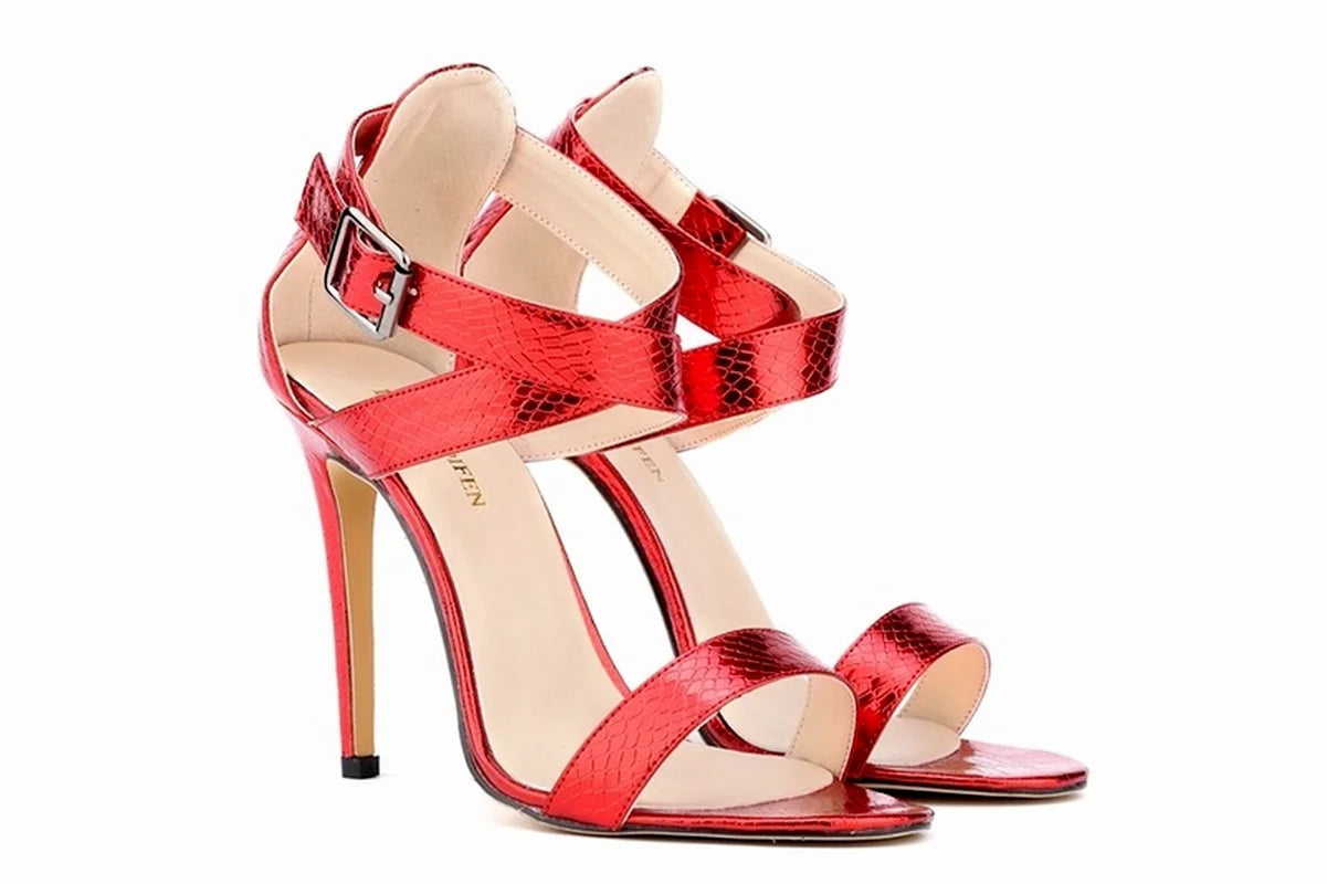 LOSLANDIFEN Womens Pumps 11cm Open Toe Ankle Straps  High Heels Faux Crocodile  Wedding Shoes