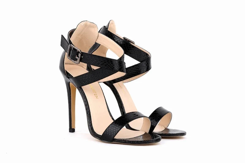 LOSLANDIFEN Womens Pumps 11cm Open Toe Ankle Straps  High Heels Faux Crocodile  Wedding Shoes