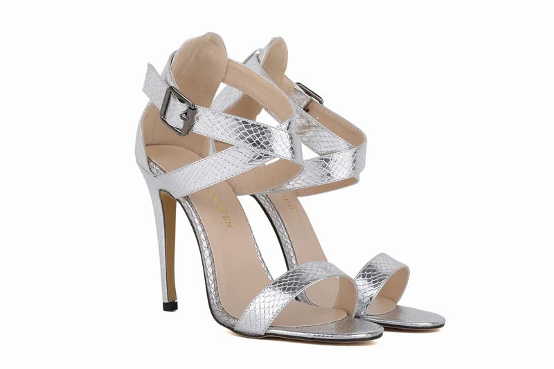 LOSLANDIFEN Womens Pumps 11cm Open Toe Ankle Straps  High Heels Faux Crocodile  Wedding Shoes