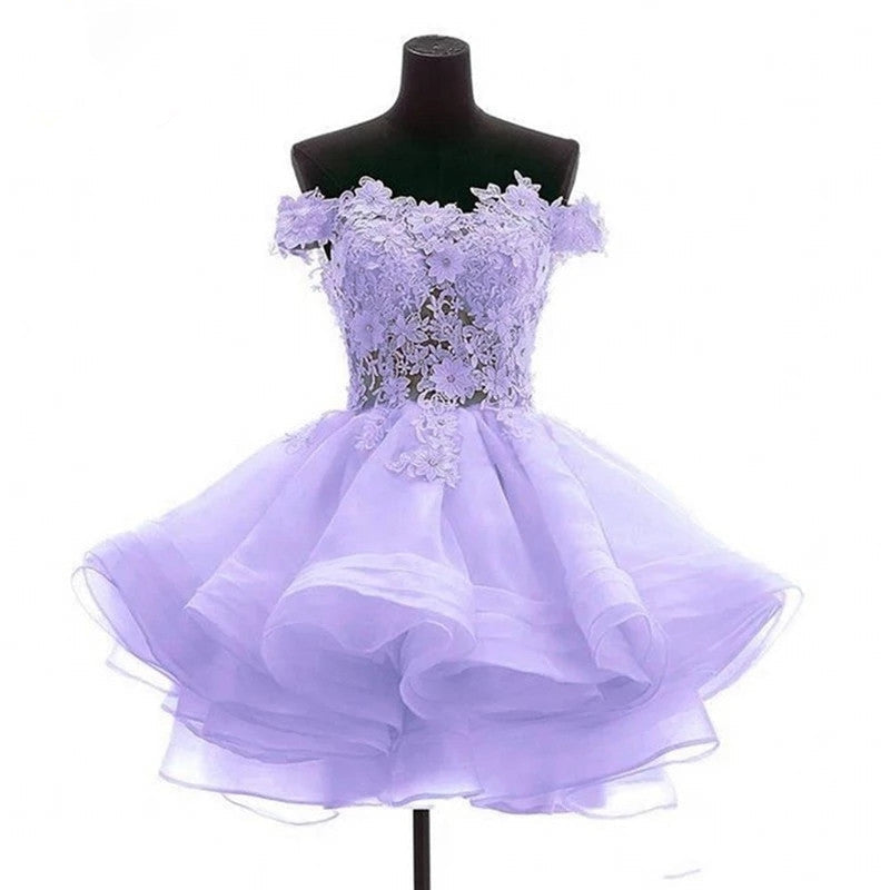 Vestidos de fiesta de bienvenida con escote corazón y encaje color lavanda con hombros descubiertos 