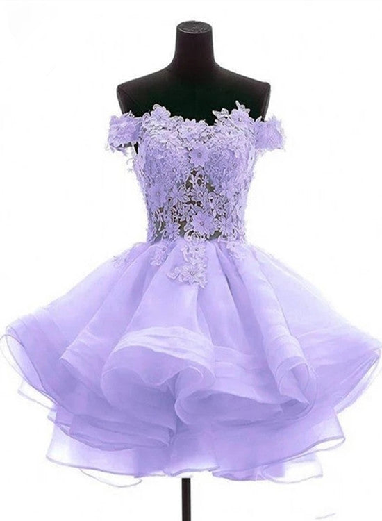Vestidos de fiesta de bienvenida con escote corazón y encaje color lavanda con hombros descubiertos 