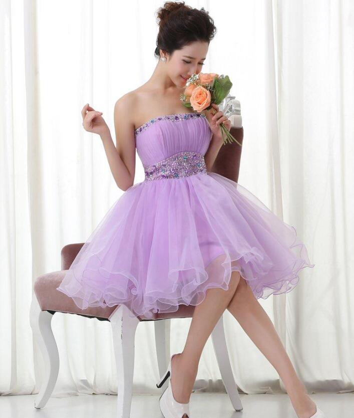 Lavender Organza Beaded Strapless Ball Gown Homecoming Dress