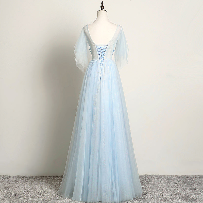 Light Blue Flower Lace V-neckline Puffy Sleeves Long Party Dress