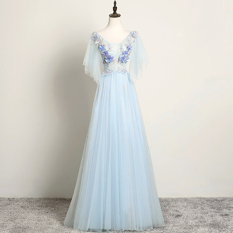 Light Blue Flower Lace V-neckline Puffy Sleeves Long Party Dress