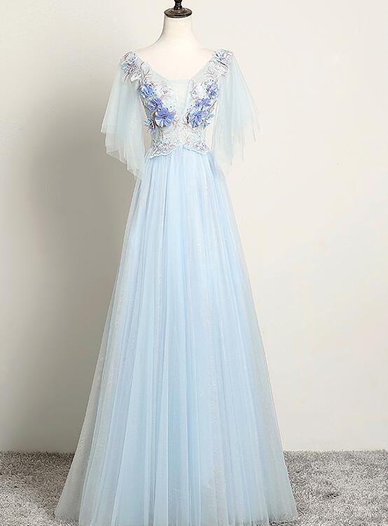 Light Blue Flower Lace V-neckline Puffy Sleeves Long Party Dress