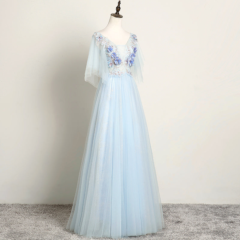 Light Blue Flower Lace V-neckline Puffy Sleeves Long Party Dress