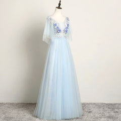 Light Blue Flower Lace V-neckline Puffy Sleeves Long Party Dress