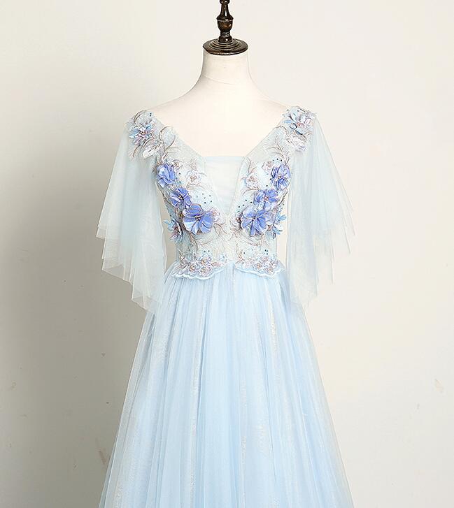 Light Blue Flower Lace V-neckline Puffy Sleeves Long Party Dress