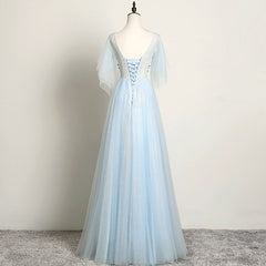 Light Blue Flower Lace V-neckline Puffy Sleeves Long Party Dress