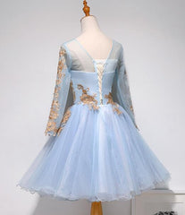 Light Blue Long Sleeves with Gold Lace Cute Homecoming Dress
