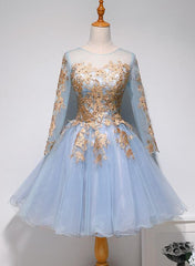 Light Blue Long Sleeves with Gold Lace Cute Homecoming Dress
