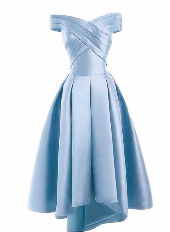 Light Blue Satin Off Shoulder High Low Party Dress Homecoming Dresses