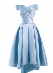 Light Blue Satin Off Shoulder High Low Party Dress Homecoming Dresses