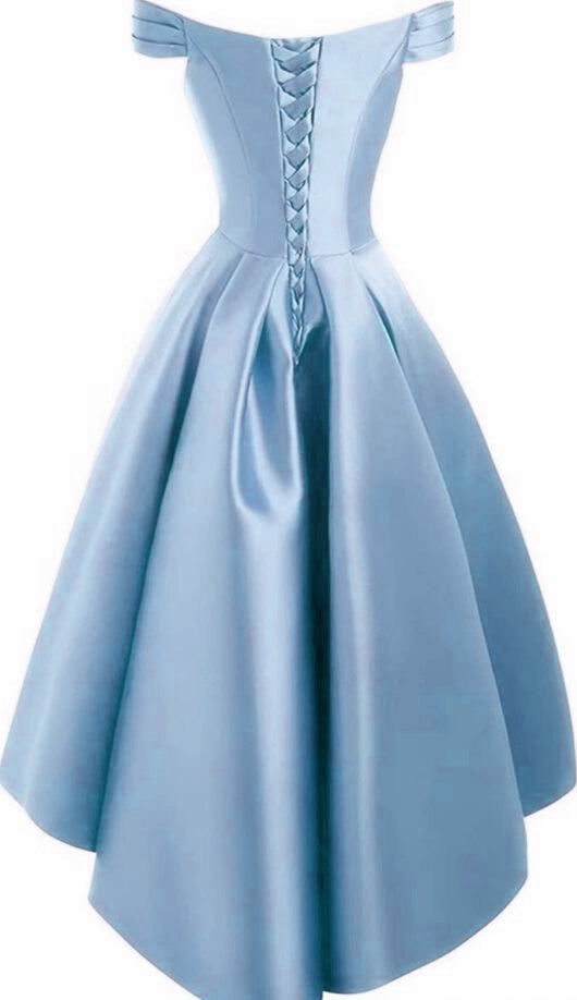 Light Blue Satin Off Shoulder High Low Party Dress Homecoming Dresses