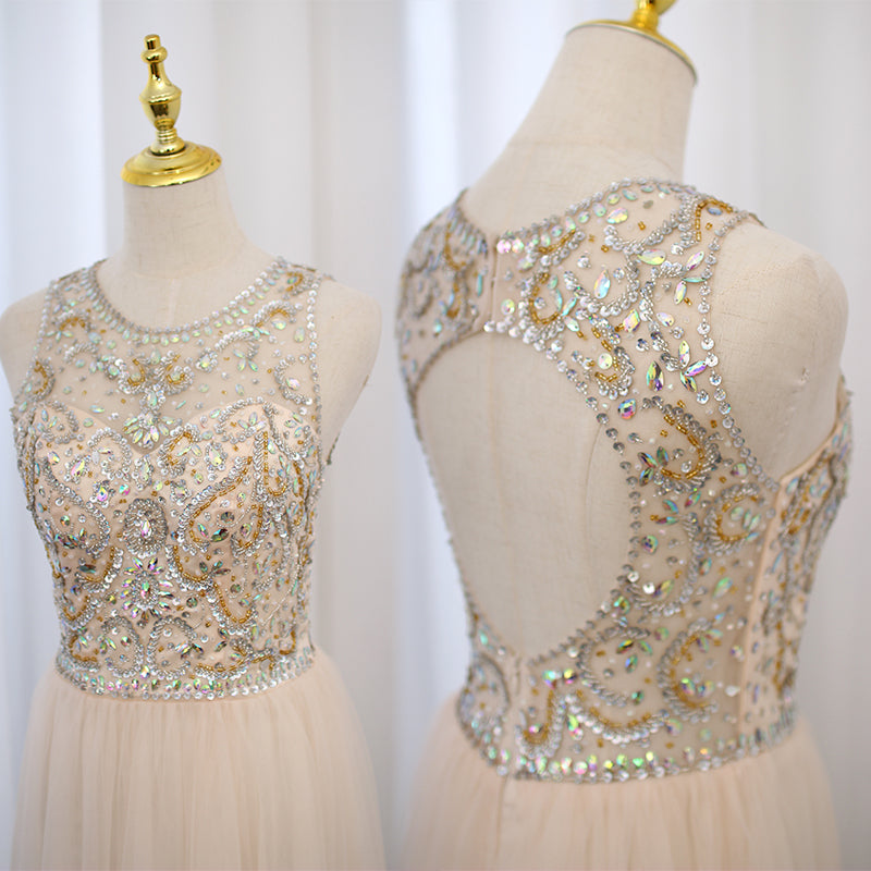 Light Champagne Beaded Backless Tulle Round Neckline Party Dress
