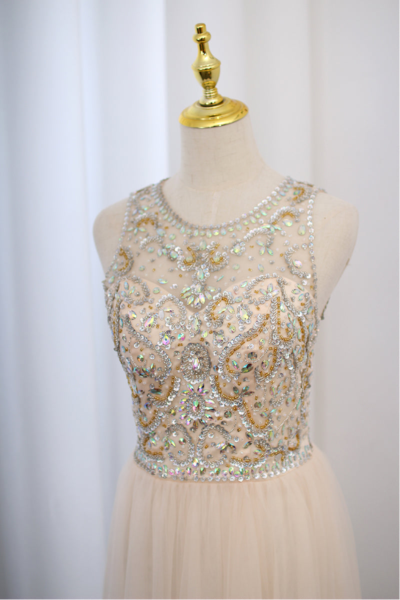 Light Champagne Beaded Backless Tulle Round Neckline Party Dress