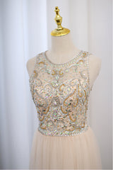 Light Champagne Beaded Backless Tulle Round Neckline Party Dress