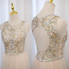 Light Champagne Beaded Backless Tulle Round Neckline Party Dress