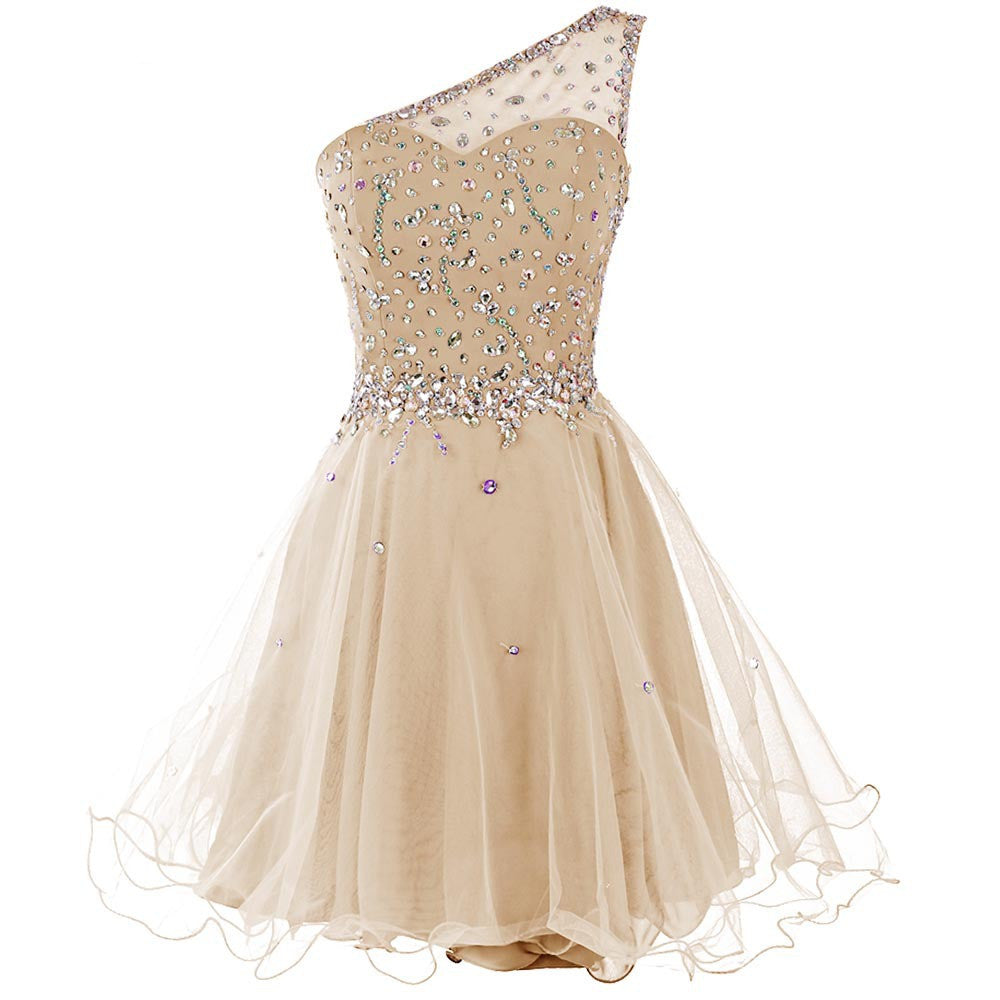 Light Champagne Beaded One Shoulder Chic Homecoming Dresses