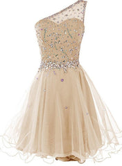 Light Champagne Beaded One Shoulder Chic Homecoming Dresses