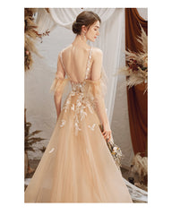 Light Champagne Lace Applique Halter Lace Applique Tulle Formal Gown