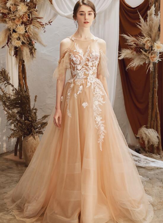 Light Champagne Lace Applique Halter Lace Applique Tulle Formal Gown