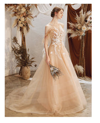 Light Champagne Lace Applique Halter Lace Applique Tulle Formal Gown