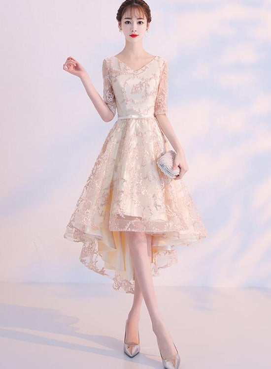 Light Champagne Lovely Lace High Low Homecoming Dress