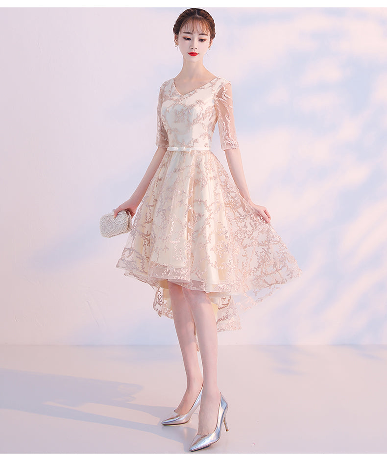 Light Champagne Lovely Lace High Low Homecoming Dress