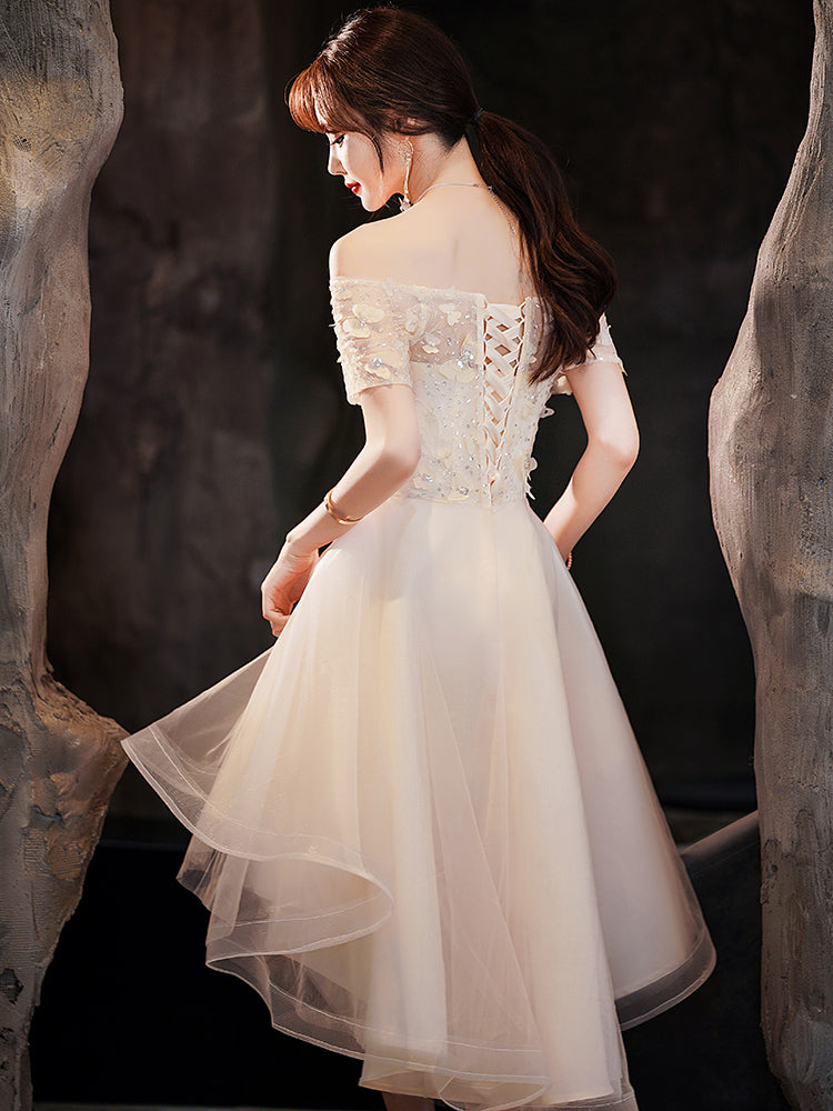 Light Champagne Tulle Short Sleeves High Low Homecoming Dress