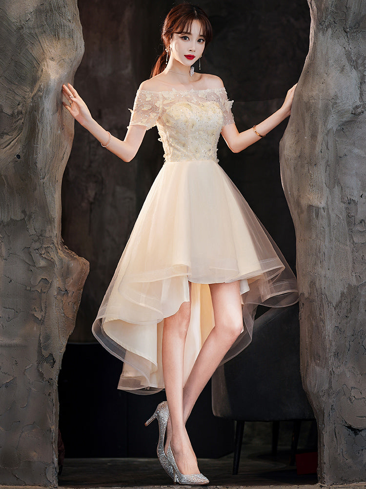Light Champagne Tulle Short Sleeves High Low Homecoming Dress