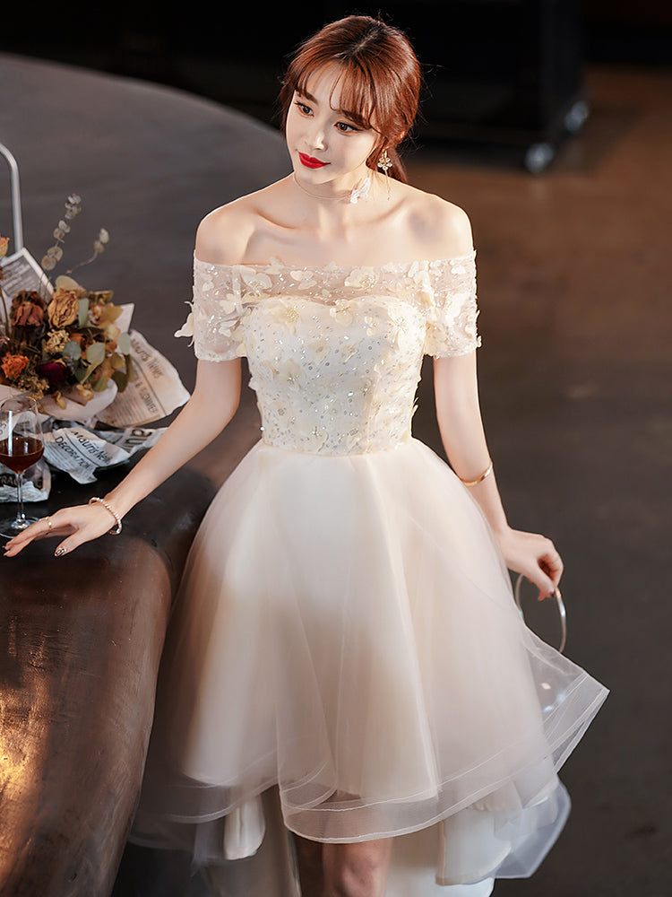 Light Champagne Tulle Short Sleeves High Low Homecoming Dress