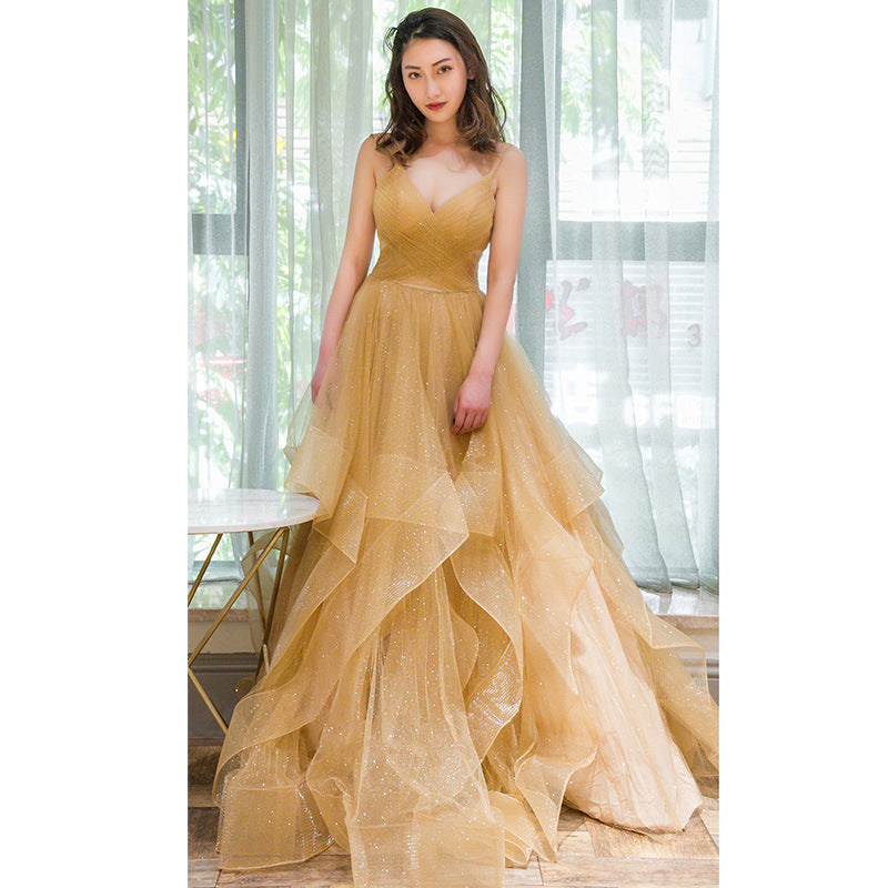 Light Champagne V-neckline Layers Straps Shiny Tulle Party Dress