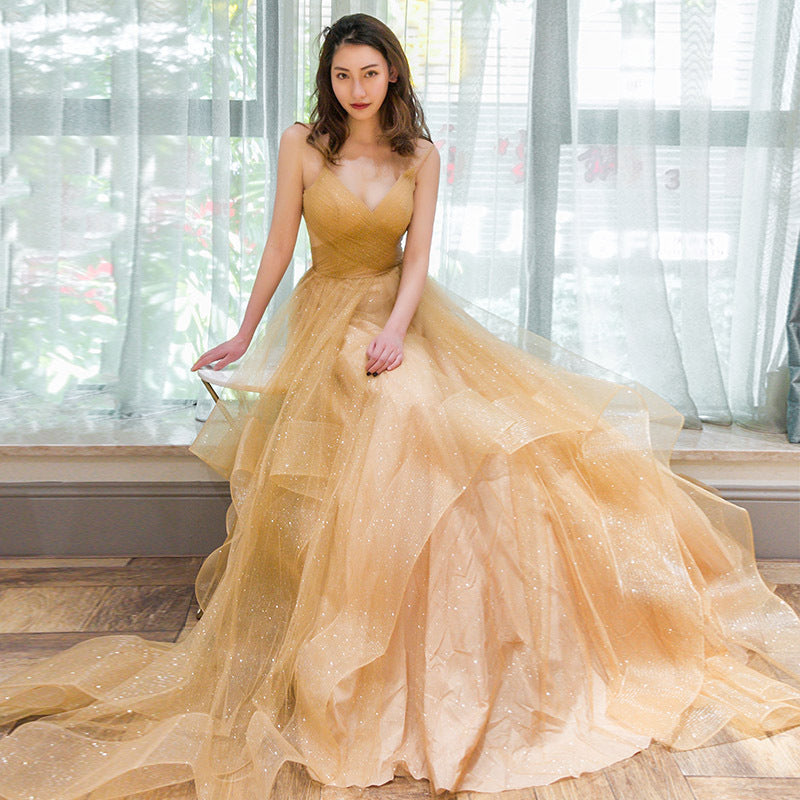 Light Champagne V-neckline Layers Straps Shiny Tulle Party Dress