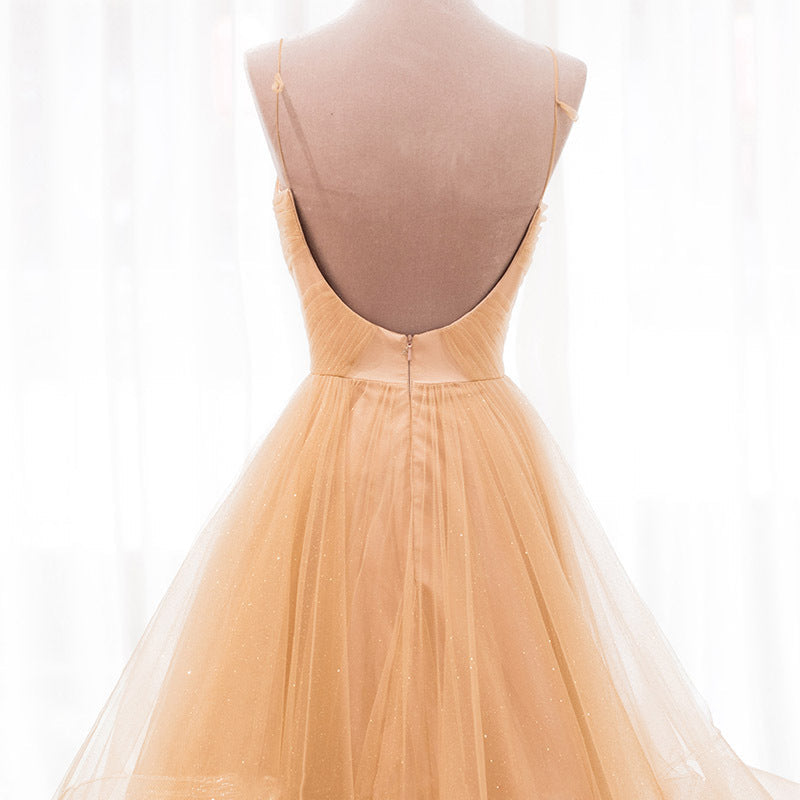Light Champagne V-neckline Layers Straps Shiny Tulle Party Dress