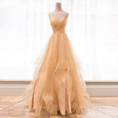 Light Champagne V-neckline Layers Straps Shiny Tulle Party Dress