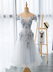 Light Grey Flowers Lace Off Shoulder Short Party Dress