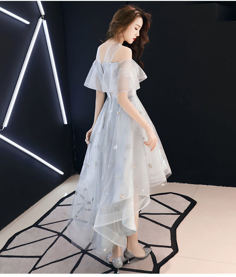 Light Grey High Low Tulle Off Shoulder Cute Party Dress
