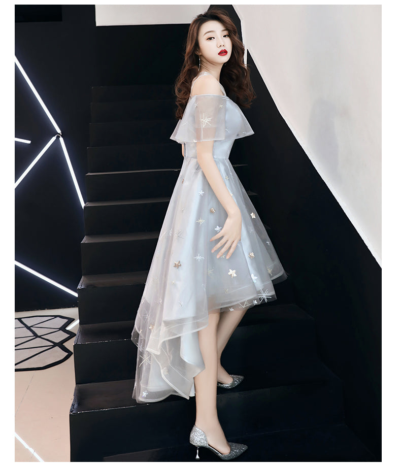 Light Grey High Low Tulle Off Shoulder Cute Party Dress