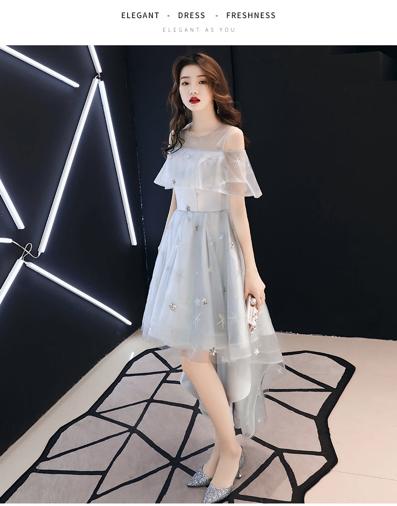 Light Grey High Low Tulle Off Shoulder Cute Party Dress