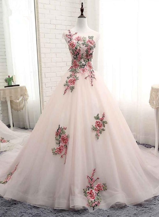 Light Pink Ball Gown Quinceanera Dress with Flowers Embroidery