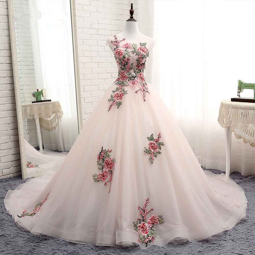 Light Pink Ball Gown Quinceanera Dress with Flowers Embroidery